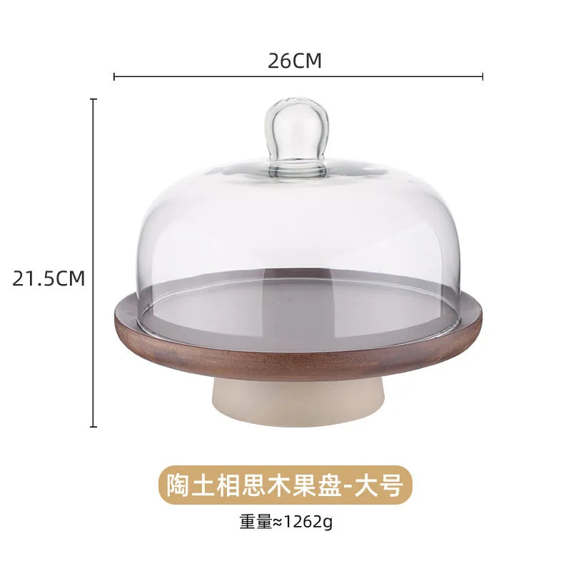 Modern Round Wooden Cake Tray with Glass Cover Dessert Bread Display Stand Fruit Snack Plate Kitchen Utensils Holiday Decoration