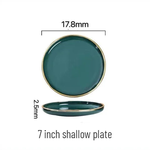 Gold Edging Green Porcelain Plates Food Dinner Set Dishes Salad Soup Bowl Ceramic Plates Bowls Luxurious Tableware Set