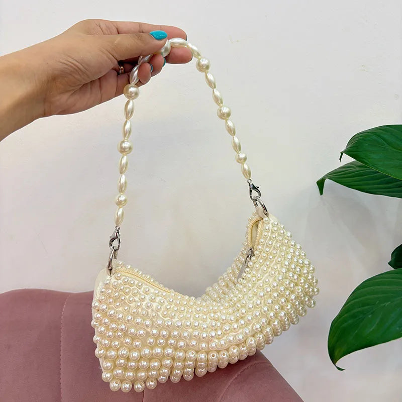 Women's Bag Pearl Handmade Woven Semi-circular Ladies Handbag High-end Party Banquet Bags