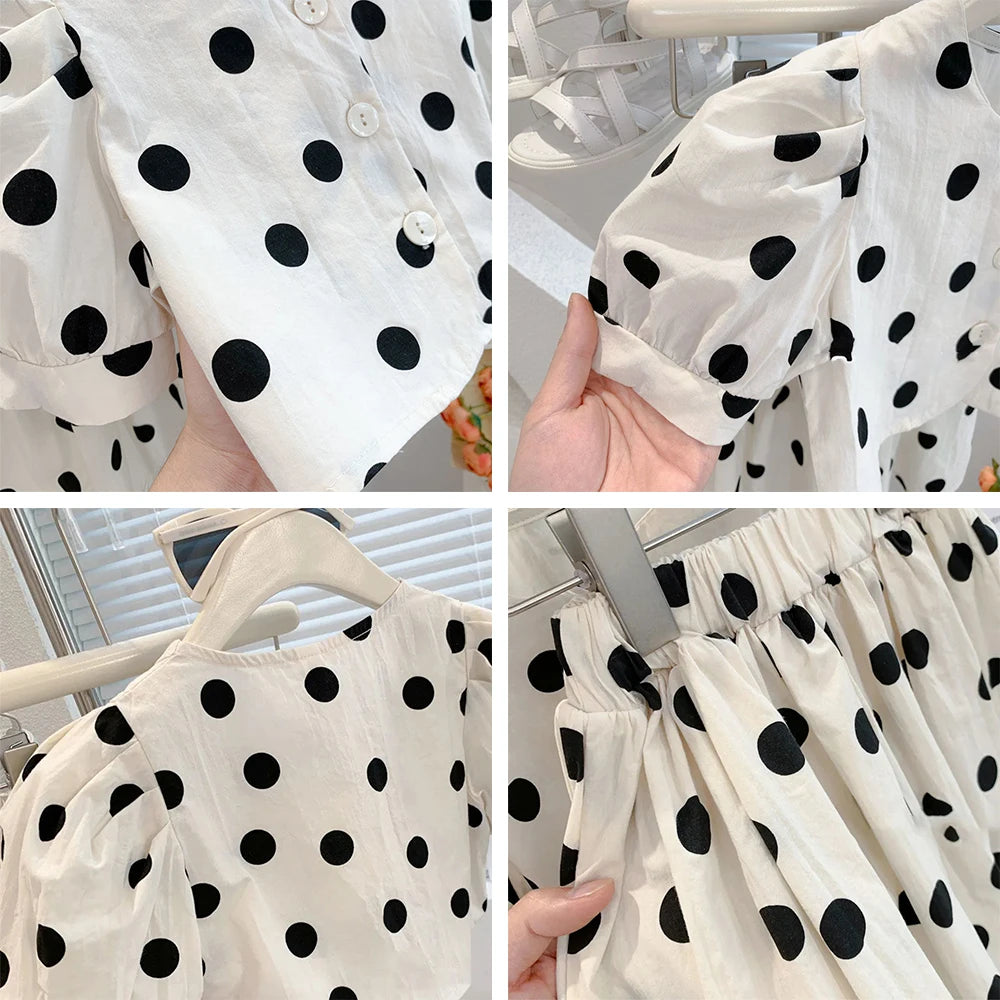 Polka Dot Girls Clothes Set Puff Sleeve Shirt Skirt Suit 2pcs Toddler Girls Summer Sets New Kids Outfits Children Clothing Set