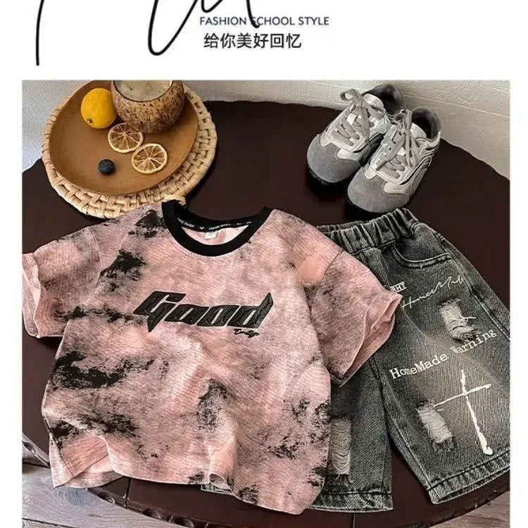 Kids Clothing 2pcs Sets Boys Grey Hole Short Sleeved T-shirt+ Denim Shorts Summer Suit 2025 New  Handsome Baby Clothes