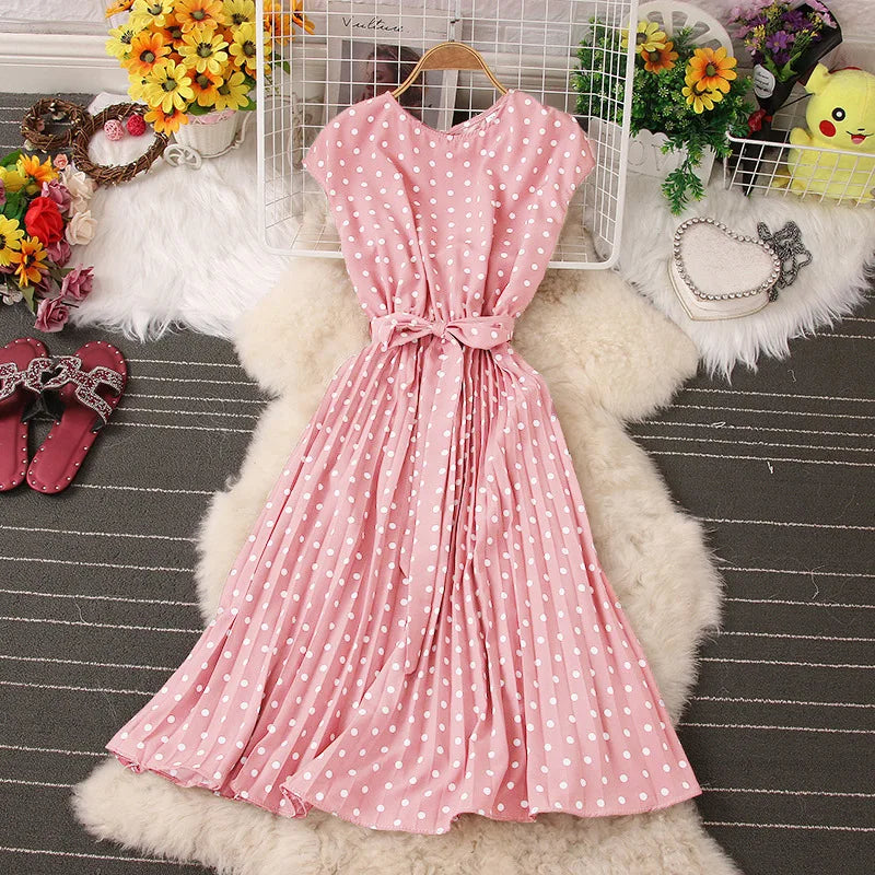 Ficusrong Dot Print Chic Summer Women Dress High Waist Knee Length Bandage Ladies Medium Long Dresses