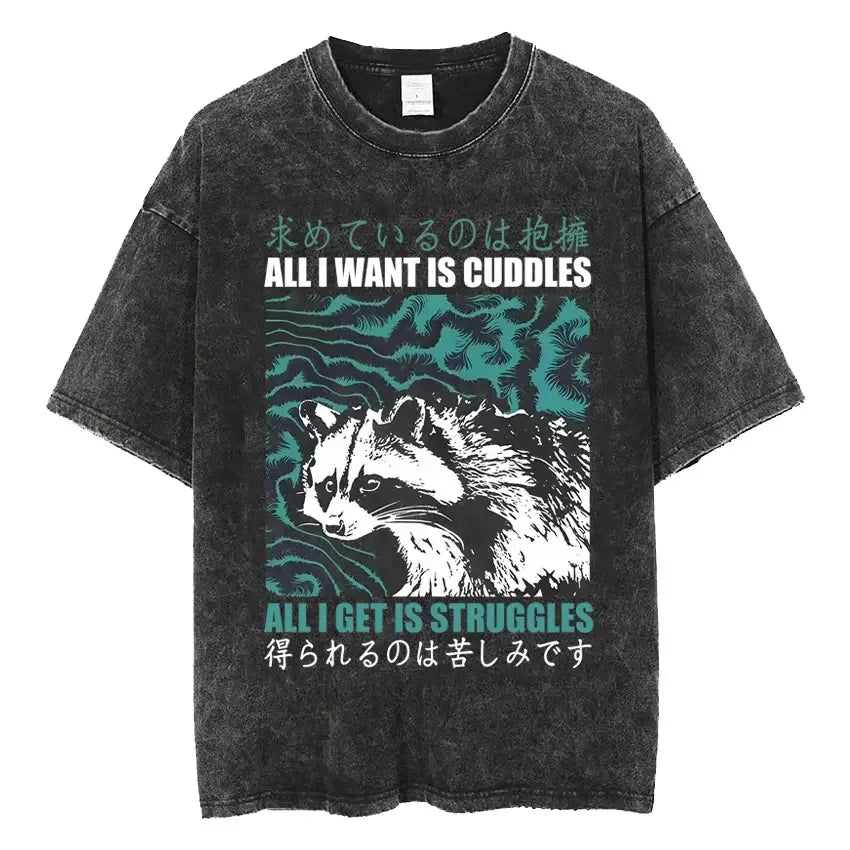 Mens Clothes Vintage Washed The Harbinger of Awkward Situations Weirdcore Japanese Funny Short Sleeved Round Neck Y2k Tshirt