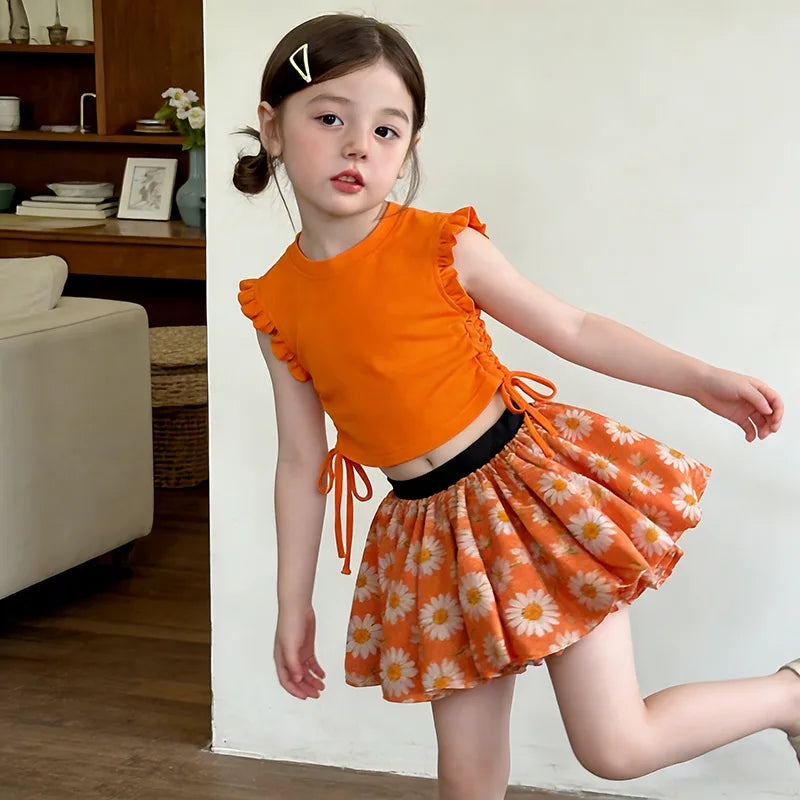 Kids Girls Summer Clothes Sets Fashionable Lace T-shirt + Floral Skirt Pants Children Clothing Baby 2pcs Sets Kids Clothes Girls