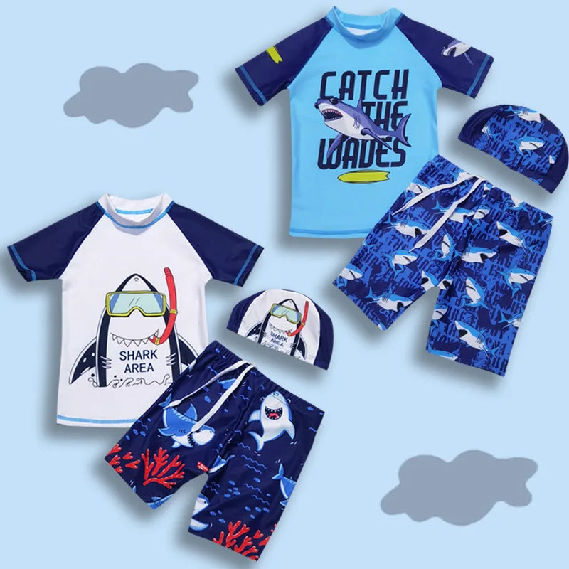 Kids Swimsuit Boys Two Pieces Shark Swimsuit Toddler Rash Guard and Trunk Set with Hat