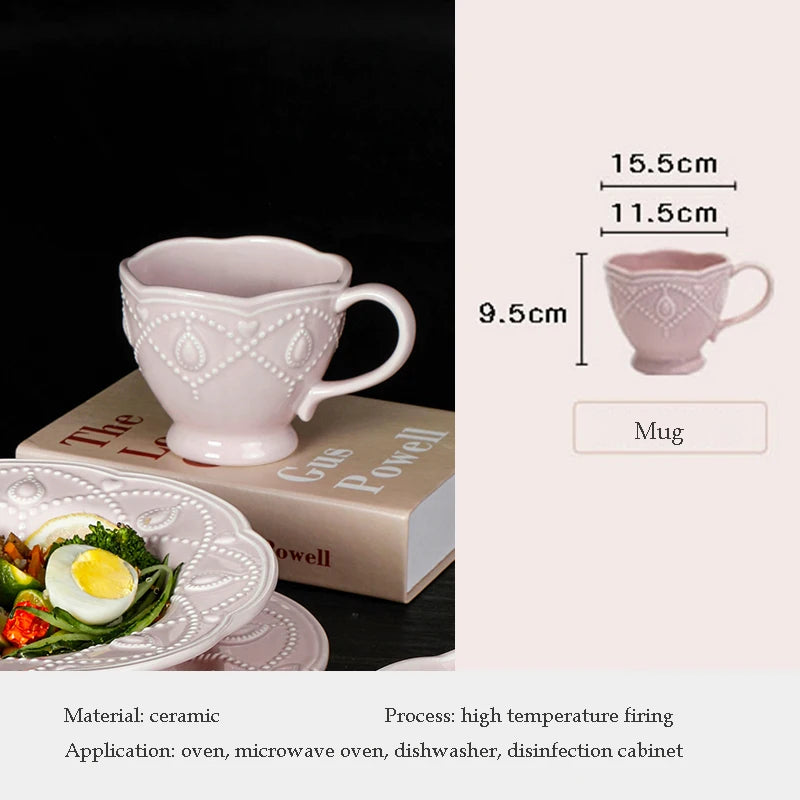Pink Plate Set Retro Embossed Ceramic Dishes Cup and Saucer Breakfast Milk Mug Soup Plate Kitchen Tableware Housewarming Gift
