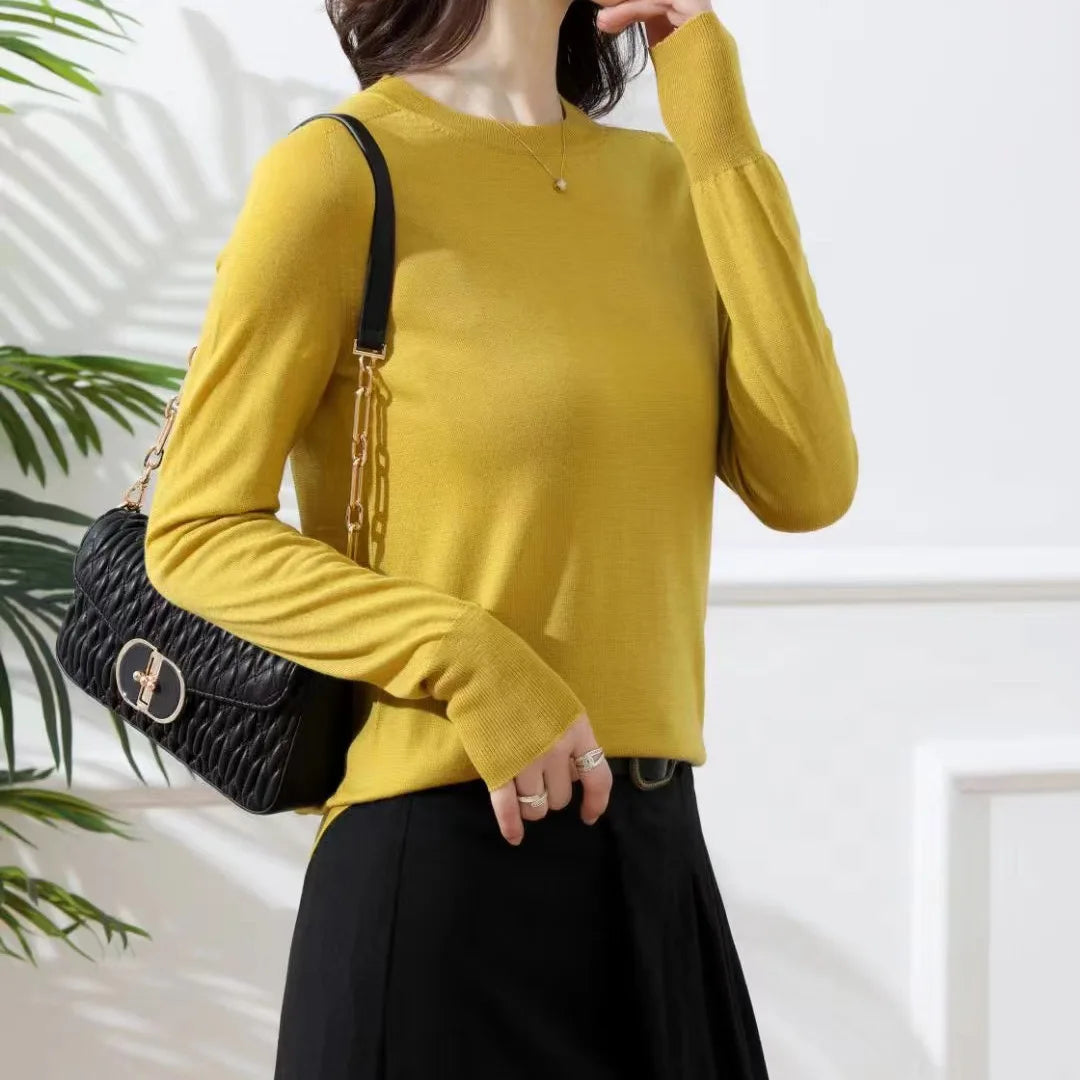 Birdtree, 100% Pure Wool Elegant Thin Sweater, Women O Neck Long Sleeve, Basics Bottom Knit Tops, 2024 Summer New T46840QM