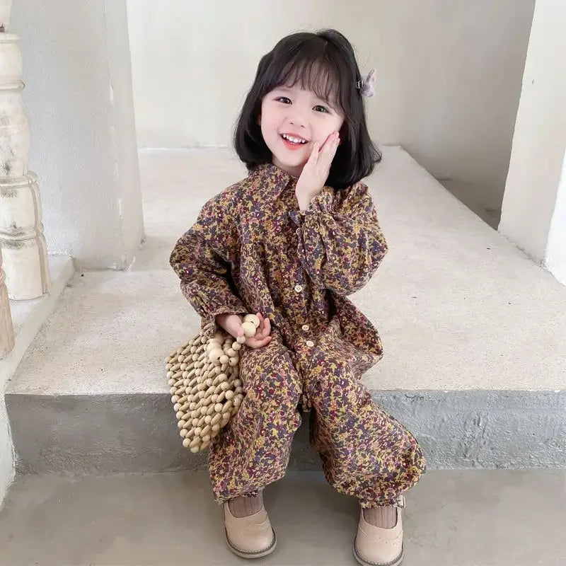 Kids Clothes Autumn Spring Children Girls Cotton Jumpsuits Single-Breasted Cute Floral Chic Baby Overalls Soft Loose Trousers