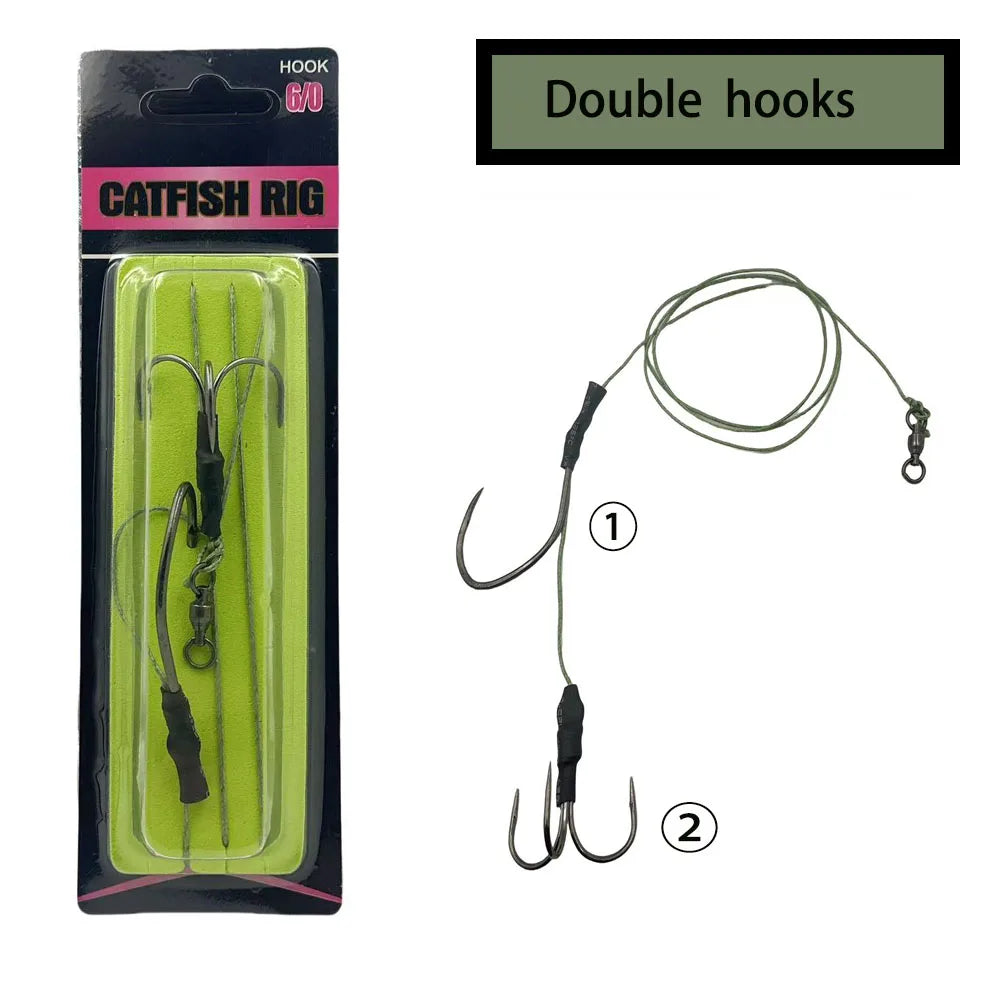 Outdoor Catfish Fishing Gear Set - 1 Heavy-Duty Single Hook, 1 Triple Anchor Hook, Anti-Bite Pe Tubing (Freshwater Night Fishing)