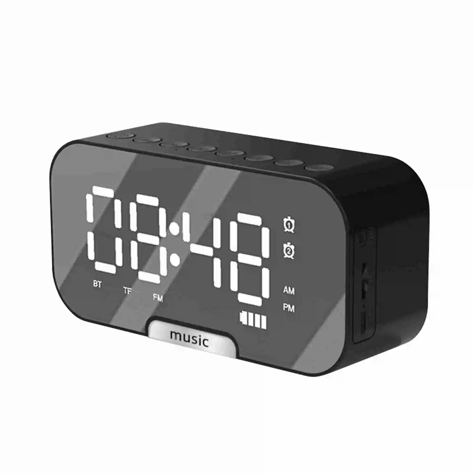 Digital Mirror Surface Alarm Clock with BT Speaker FM Radio Dual Alarms Electronic Desktop Clock Rechargeable Portable Player