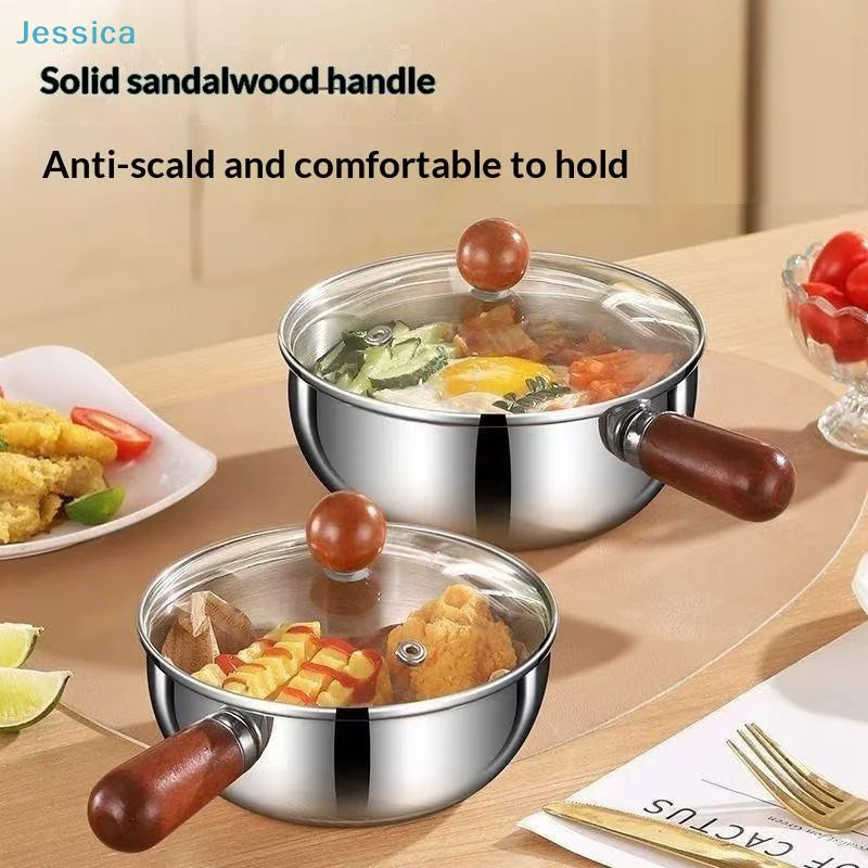 ♥Stainless Steel Cooking Pans with Wooden Handle & Glass Lid - Multi-Purpose Small Pots for Noodles/Eggs