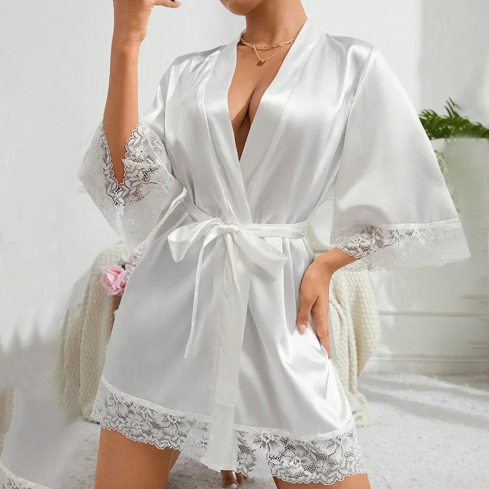 Women Pajamas Robes Sleepwear Nightgowns Half Sleeve Nightdress Lace Bathrobe Smooth Soft Comfortable Pure Color