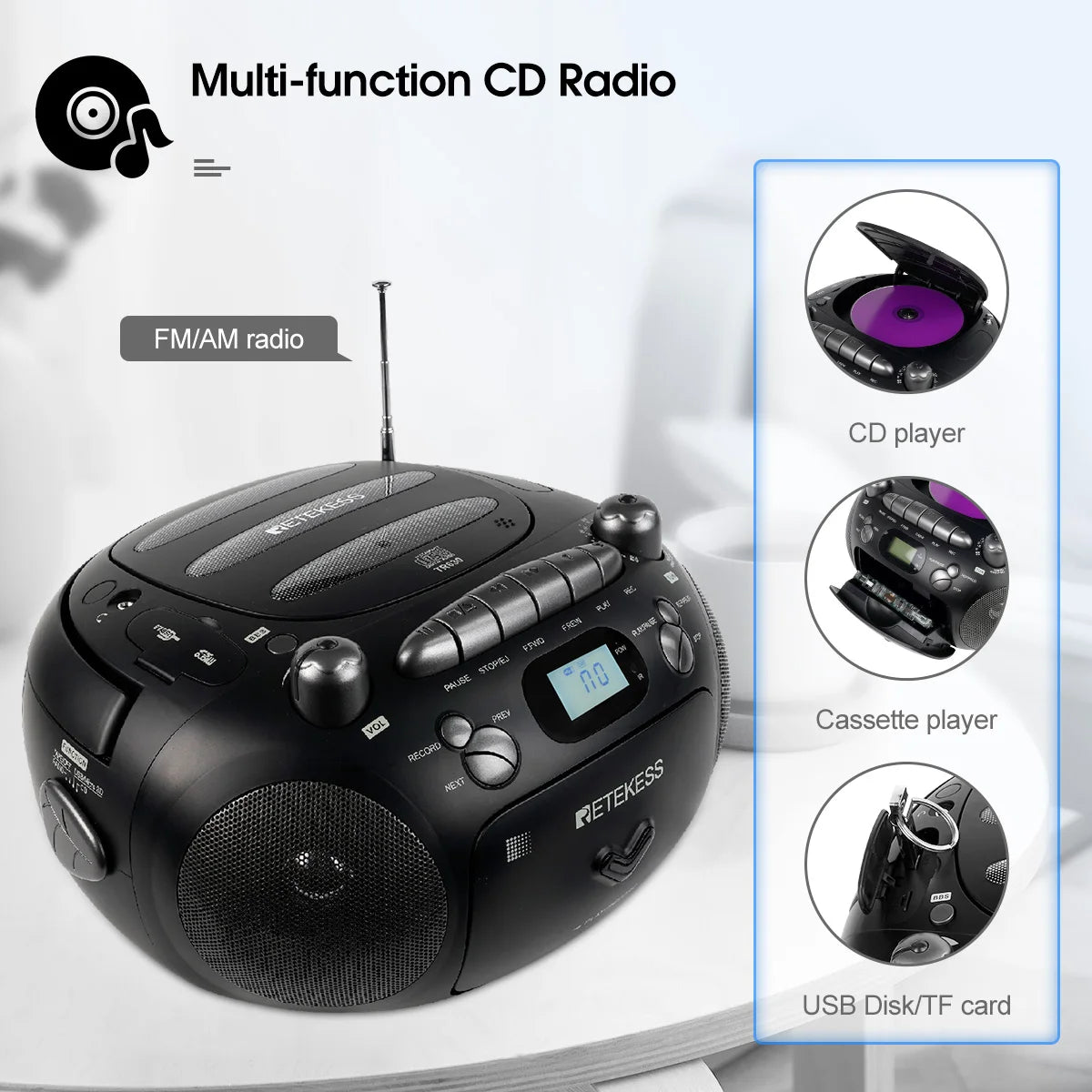 RETEKESS TR630 CD Player Boombox Stereo Portable Radio FM AM Cassette Tape 3W Speaker TF USB Recording Remote Control for Home