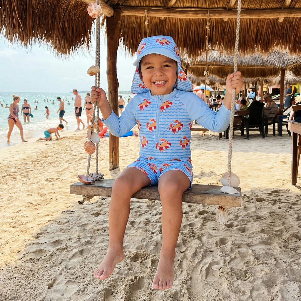 Boys' Rash Guard Set, 3 Piece Quick Dry Swimsuit Suit, Crab Print Long Sleeve Tops Swim Trunks Sun Cap Bathing Suit 0-5T