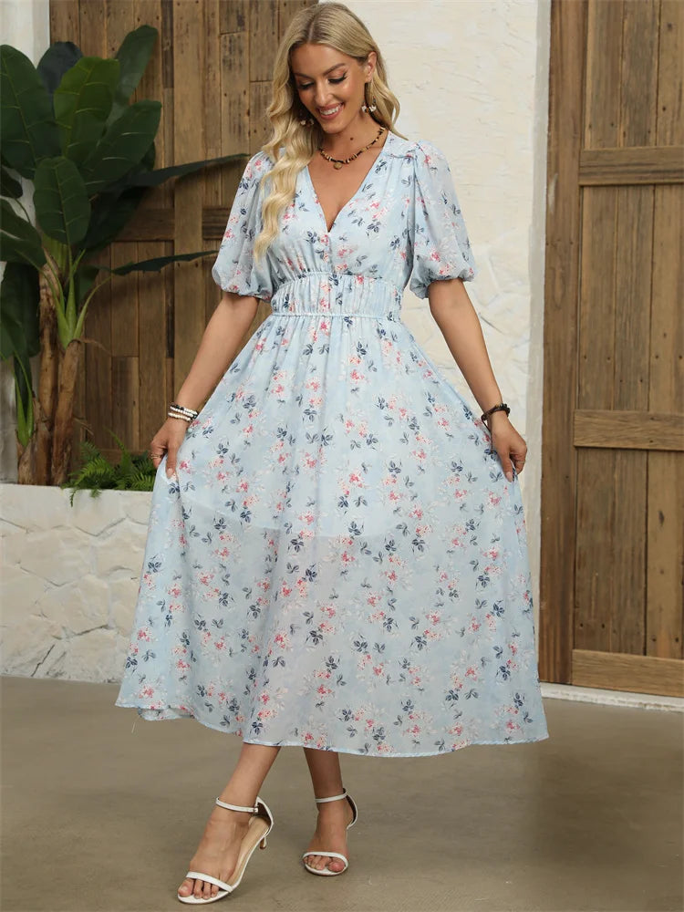 Msfilia Fashion V Neck Floral Dress Women's Midi High Waist A Line Chic Print Retro Lantern Sleeves Summer Long Dress