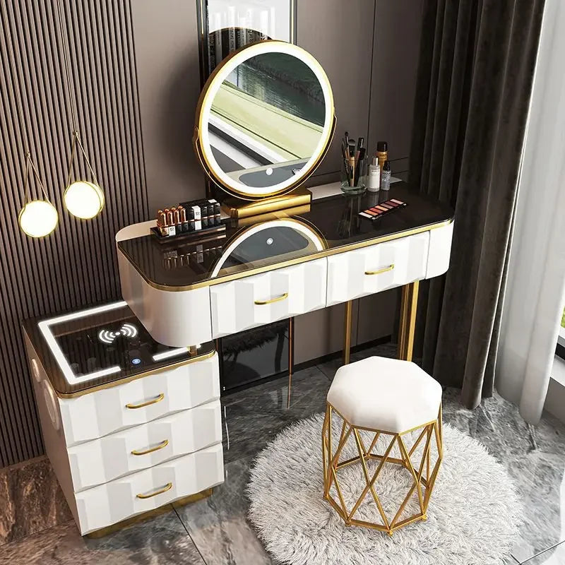 Makeup Vanity Desk with Wireless Charging Station and Bluetooth Speaker, Dressing Table with Tempered Glass Desktop,Vanity Set