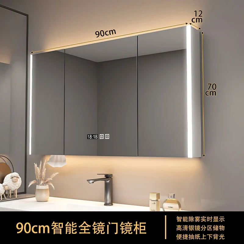 Bathroom Furniture Mirror Cabinet Modern Solid Wood Bathroom Smart with Light Defogging Beauty Mirror with Storage Locker