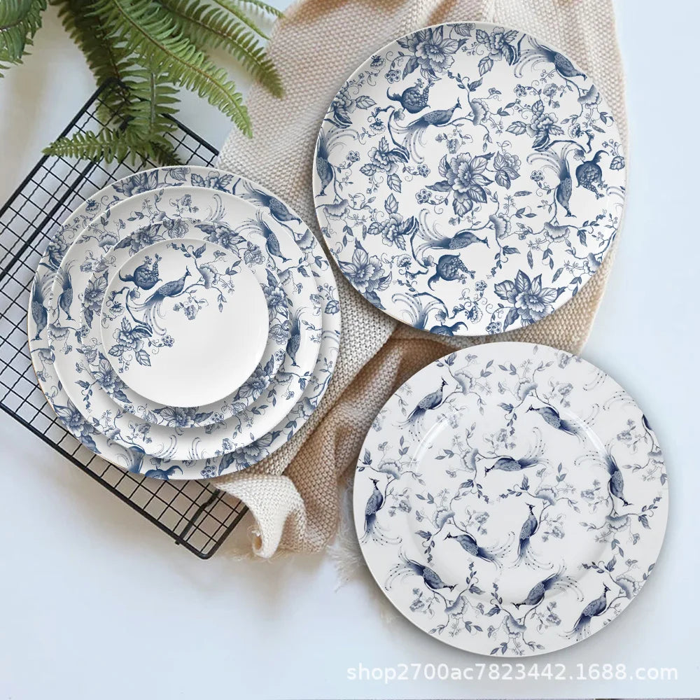 Bone China Dinning Plates Set Chinse style Flower Bird Peacock Porcelain Plate for Dessert Steak Bread Cake Dish Tray Coffee Cup