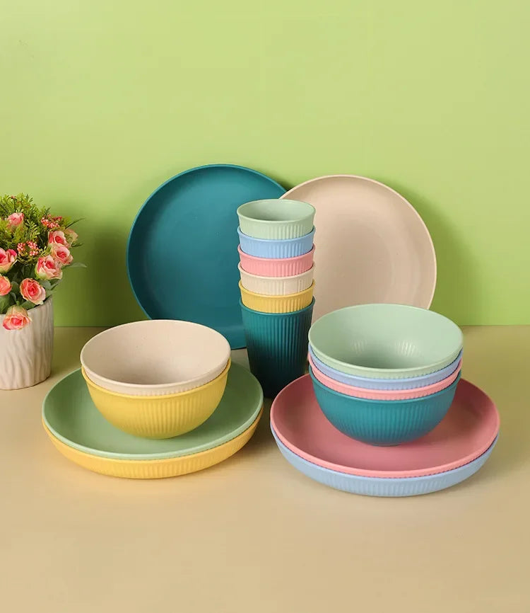 Dinner Dishes Wheat Straw Dinner Plates Set Eco Friendly Full Tableware Plates Cups Bowls Set Kitchen Accessories Dinnerware