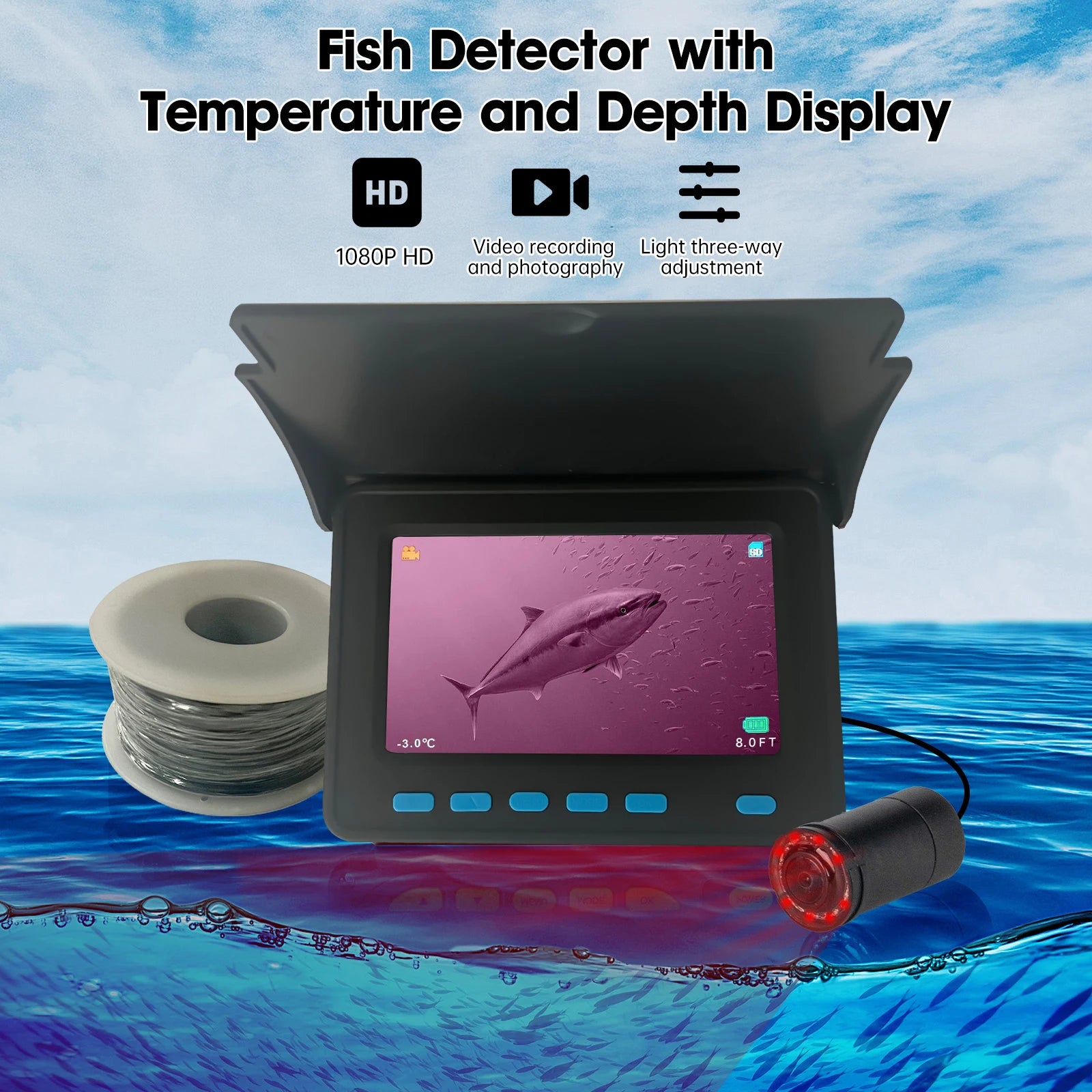 15m 4.3 Inch Visual Fish Finder Underwater IR Night Vision Fishing Camera With Depth Temperature Display