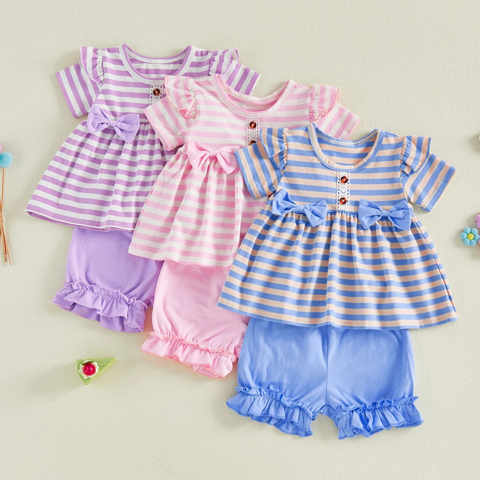 Kids Girls Summer Clothing Sets Short Sleeve Crew Neck Striped Bowknot T-shirts with Ruffles Shorts Holiday Casual Outfits