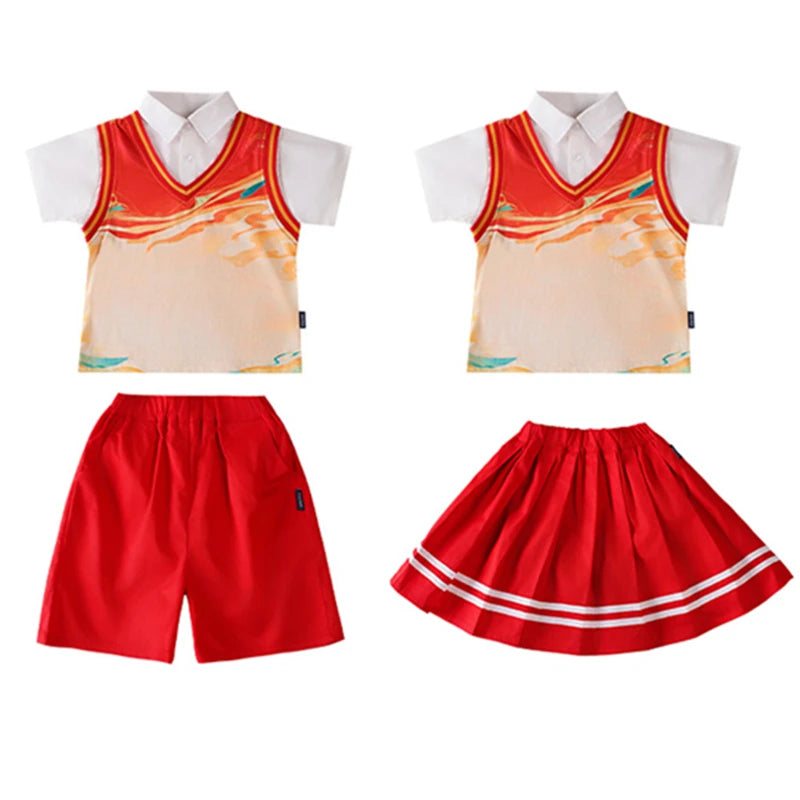 Kids Summer Kindergarten School Uniform For Boy Girl Top and Bottom Clothes Set Child Student Outfit Suit Stage Performance Wear