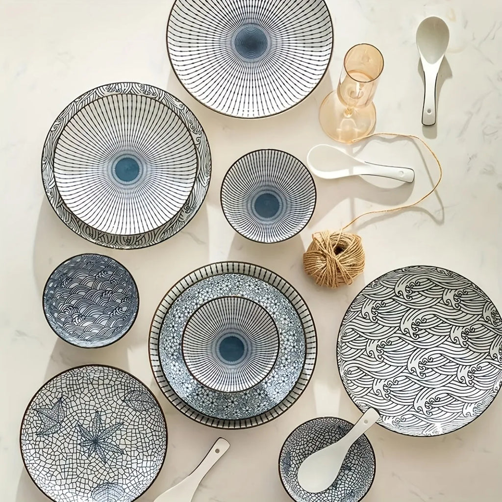 Set of 4 Ceramic Round Plates Bowls, Retro Design Serveware for Salad Dessert, Suitable for Halloween Thanksgiving Holiday Meals
