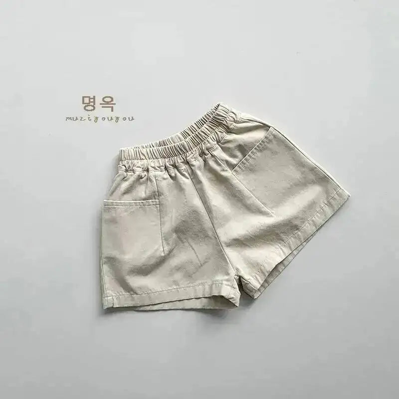 Spring Summer Children Shorts 1-8Y Boys Girls Cotton Pockets Solid Short Pants Trousers Korean Toddler Wear Bottoms Kids Clothes