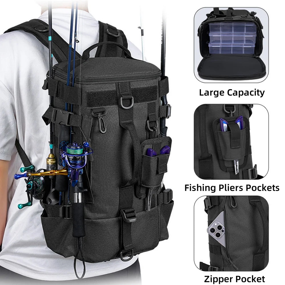 Fishing Tackle Backpack with 2 Rod Holders - Large Storage, Breathable & Adjustable, Portable for Long-Distance Fishing (Gifts f