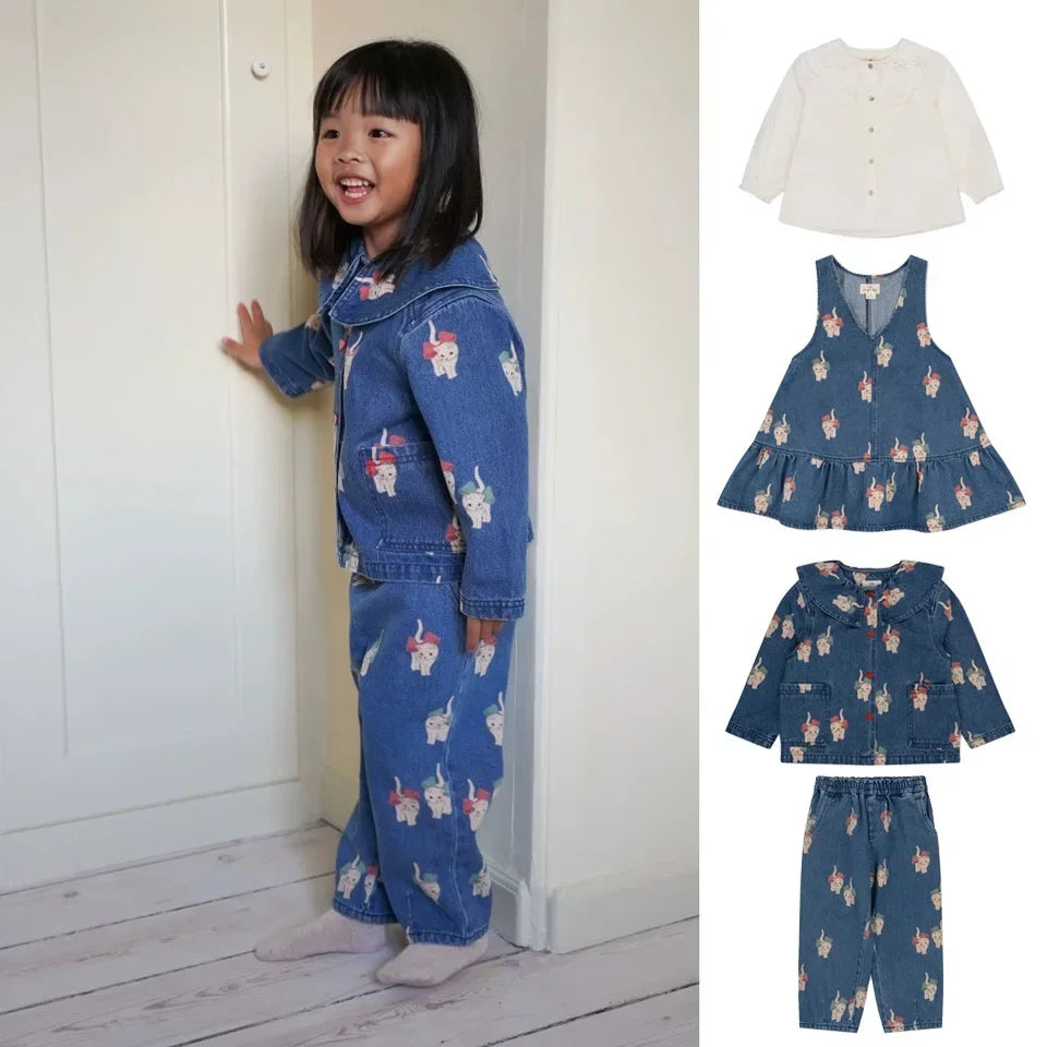 New Spring Ks Kids Clothing Toddler Girls Denim Jacket Tank Dress Suits Autumn Children's Cartoon Cat Coat Jeans Trousers 2-9Yrs