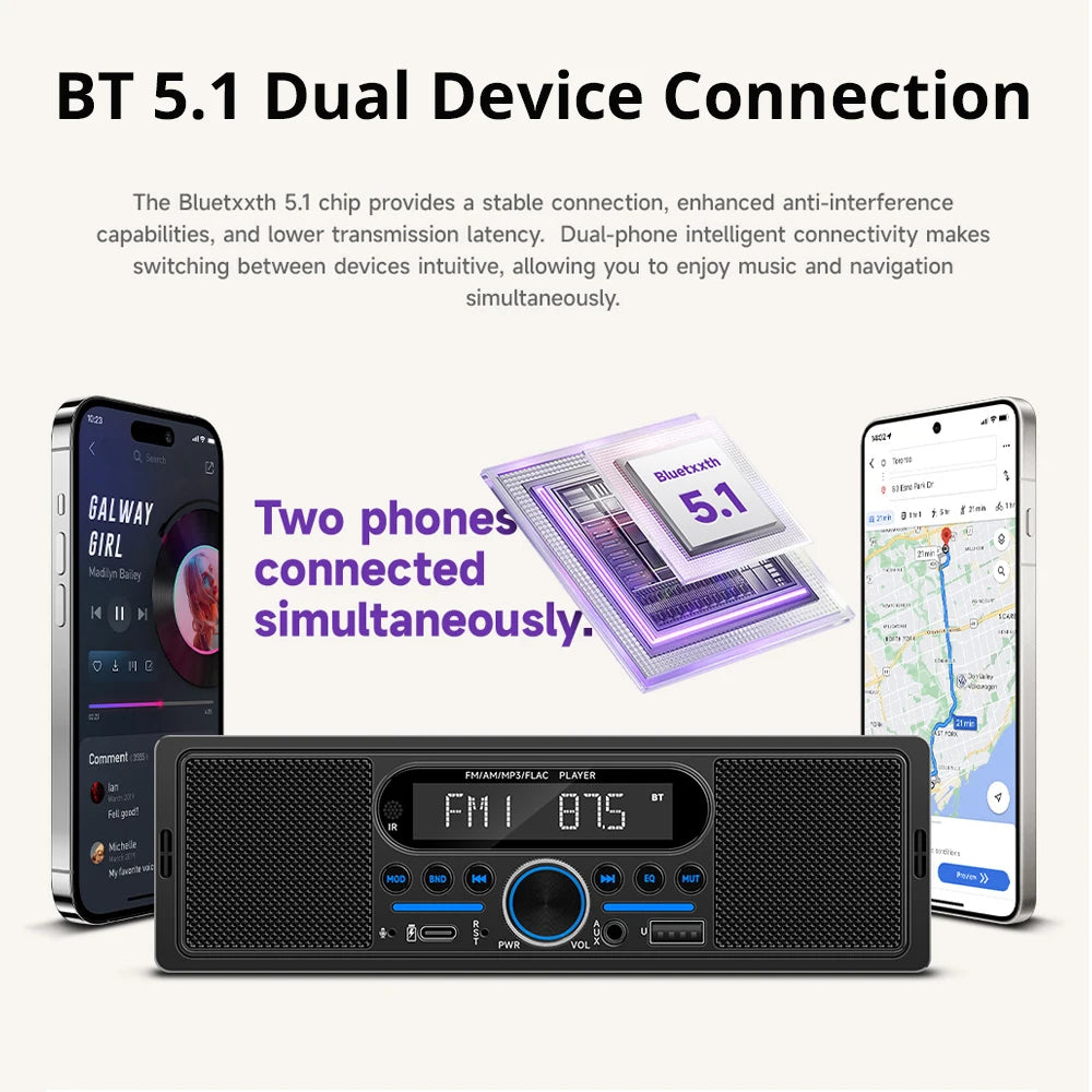 Car Radio 1Din MP3 Player Stereo Dual Bluetooth Built-in Speaker FM AM RDS AUX input USB EQ Type-C Charging Universal