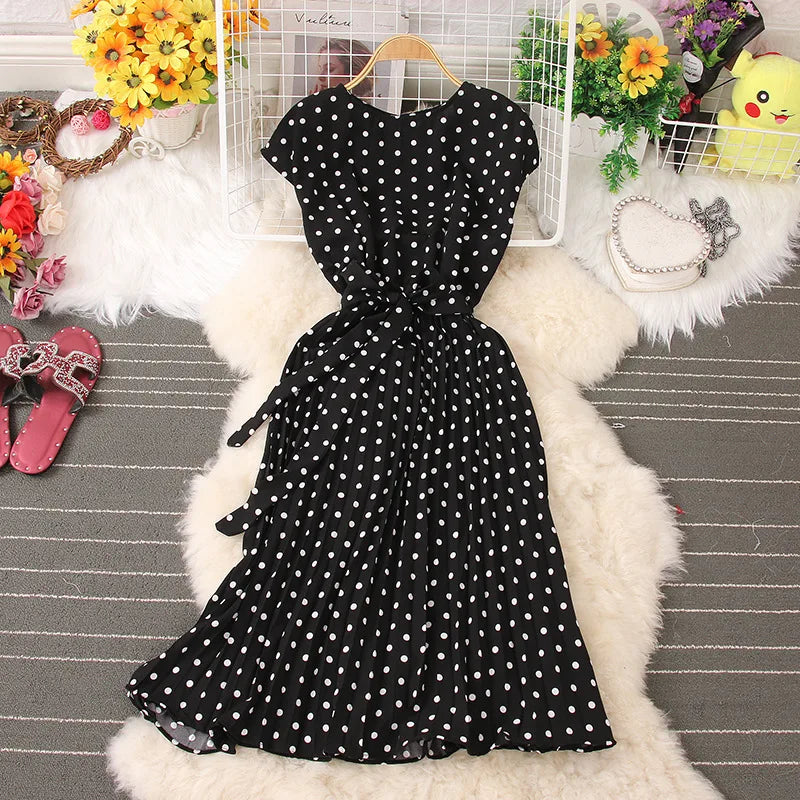 Ficusrong Dot Print Chic Summer Women Dress High Waist Knee Length Bandage Ladies Medium Long Dresses