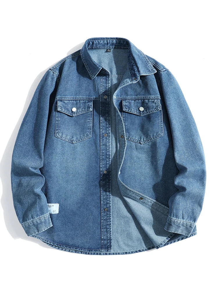Men's Denim Shirts with Two Chest Pockets Metal Button Long Sleeve Jeans Shirts Loose Fit 2025 Autumn New Daily Leisure