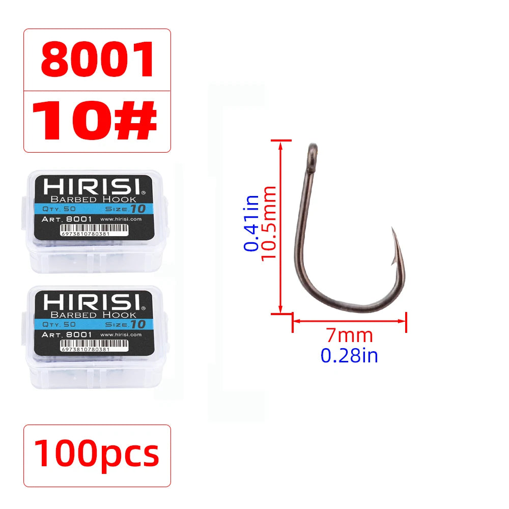 Hirisi 8001 100Pcs Fish Hook  PTFE Coated High Carbon Stainless Steel Anti-Rust Sharp Barbed With Eye Fishing Accessory