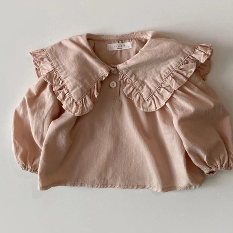 Spring Toddler Girls Blouse Petal Pan Collar Summer Soft Cotton Baby Tops Casual Kids Long Sleeve Base Shirt Embroider Clothes