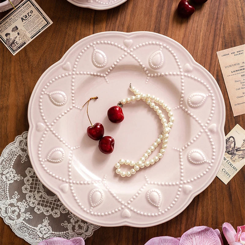 Pink Plate Set Retro Embossed Ceramic Dishes Cup and Saucer Breakfast Milk Mug Soup Plate Kitchen Tableware Housewarming Gift