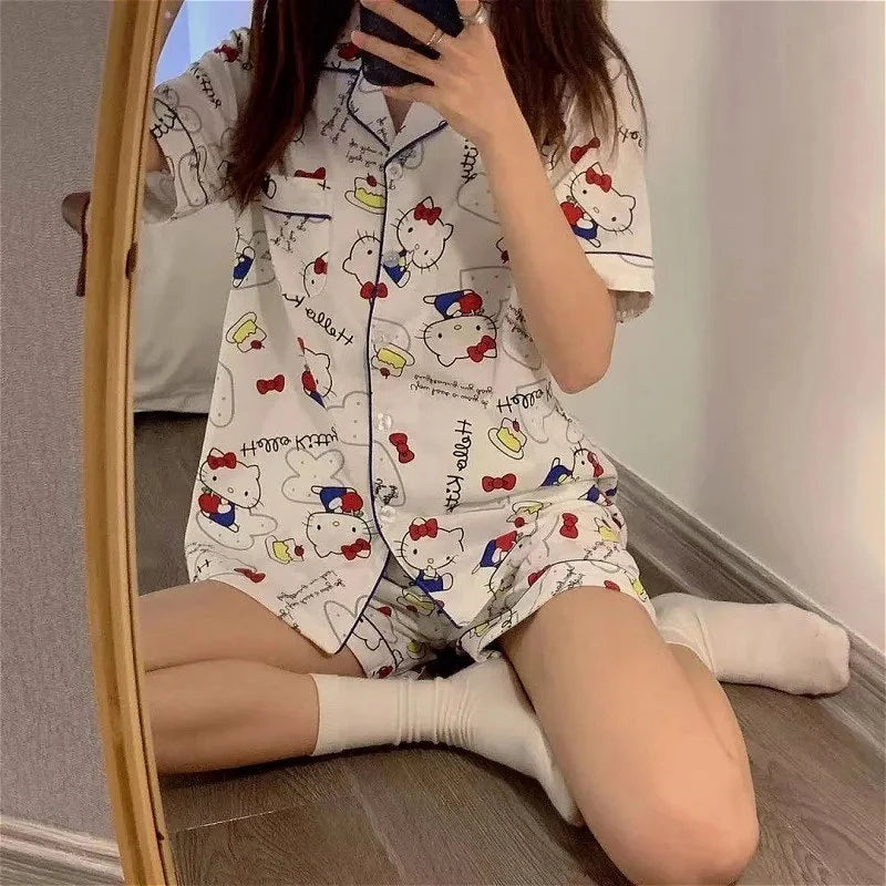 Hello Kitty Girls Cute Pajamas Sets Loose Nightgown Cartoon Soft Short Sleeve Tops Shorts Sweet Women's Clothes Sleepwear Summer