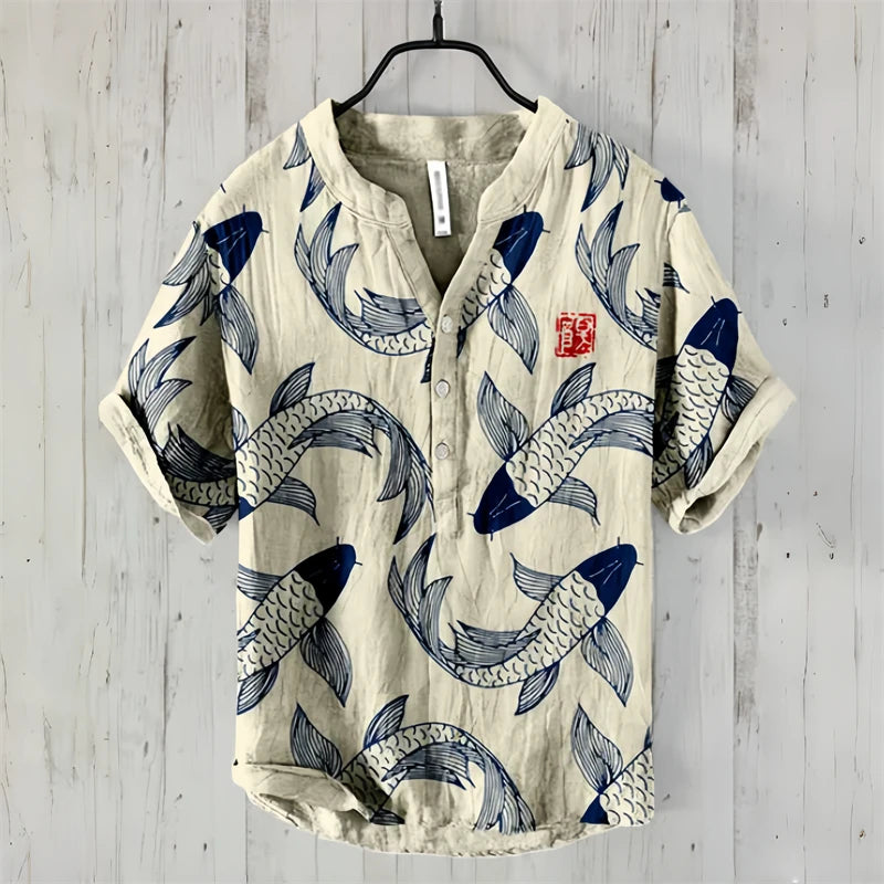 Spring and summer men's and women's shirts, fashionable shirts, casual fish pattern Hawaiian style printed shirts, linen tops