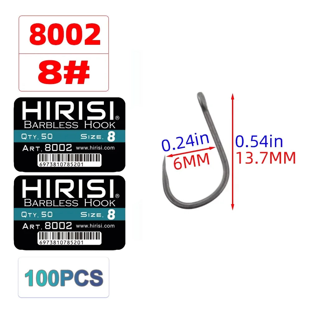 Hirisi 100pcs Barbless Fishing Hooks PTFE Coated High Carbon Steel Hook 8002 Freshwater Fishing Supplies