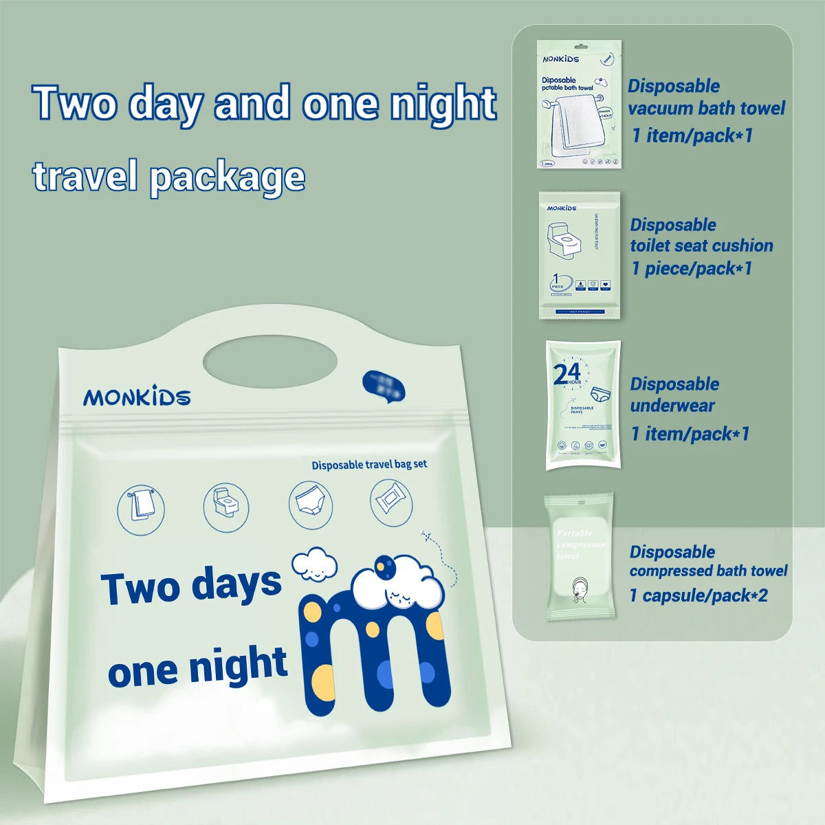 1 pack of two-day and one-night disposable bath towels, washcloths, underwear sets, travel portable daily necessities.