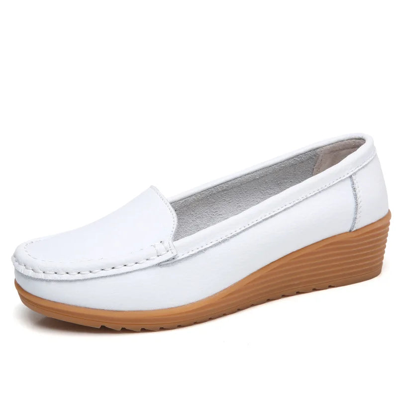 Women Shoes for Work Wedge Low Heels Casual Shoes Woman Slip-on Spring Autumn Genuine Leather Comfortable Female Shoes WSH2693