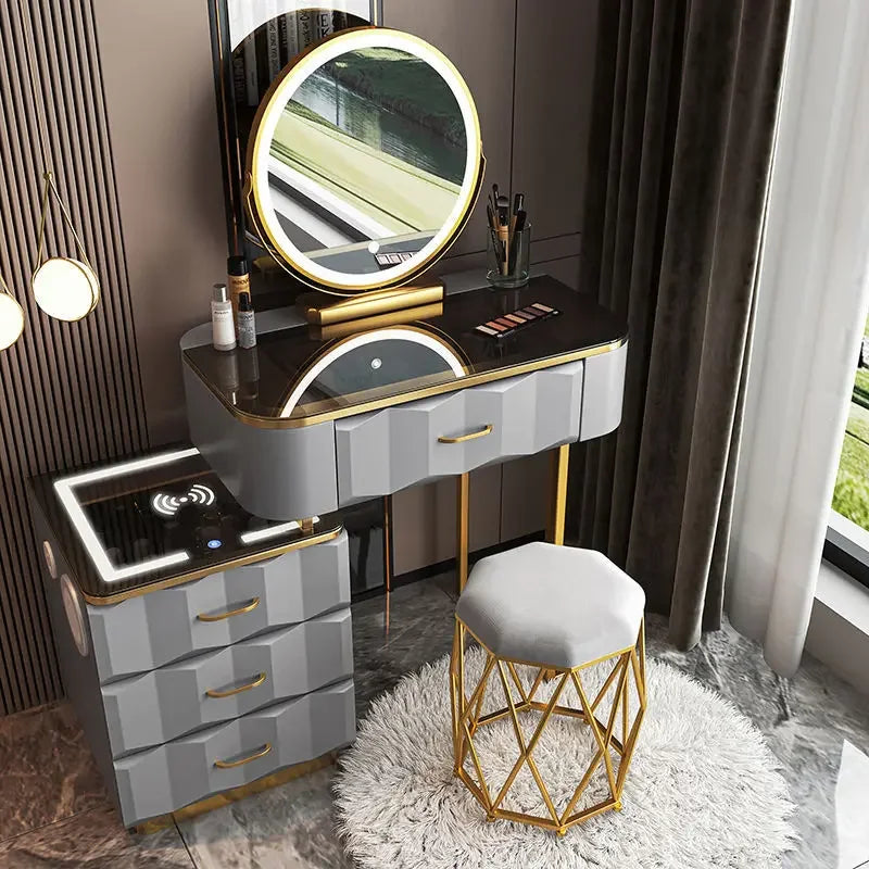 Makeup Vanity Desk with Wireless Charging Station and Bluetooth Speaker, Dressing Table with Tempered Glass Desktop,Vanity Set
