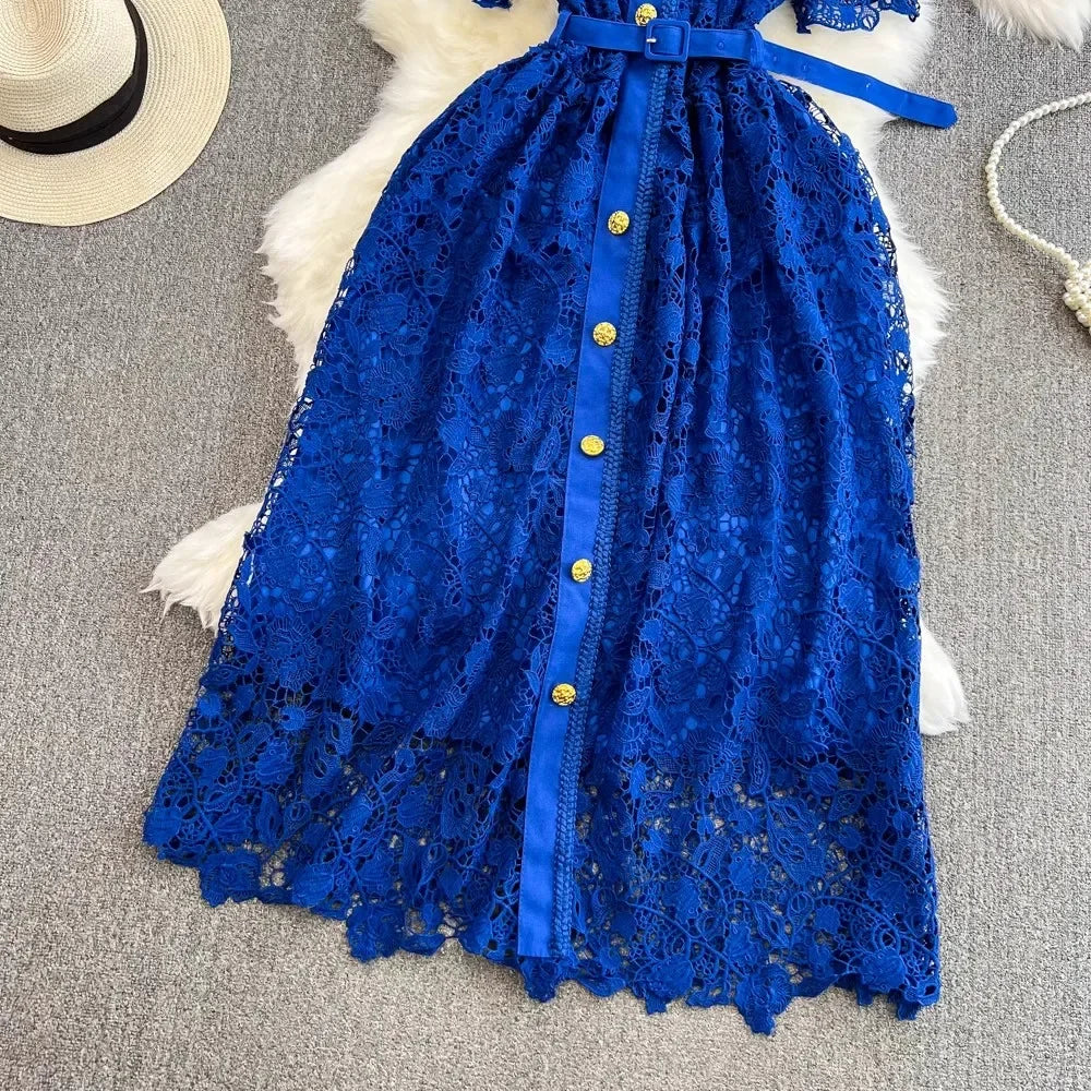Summer Blue Lace Dress Women Hook Flower Hollow Golden Button Bodycon Vintage Clothing Square Neck Street Vestido Party