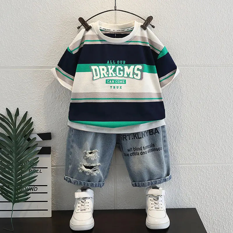 Kids Clothing 2pcs Sets Boys Grey Hole Short Sleeved T-shirt+ Denim Shorts Summer Suit 2025 New  Handsome Baby Clothes