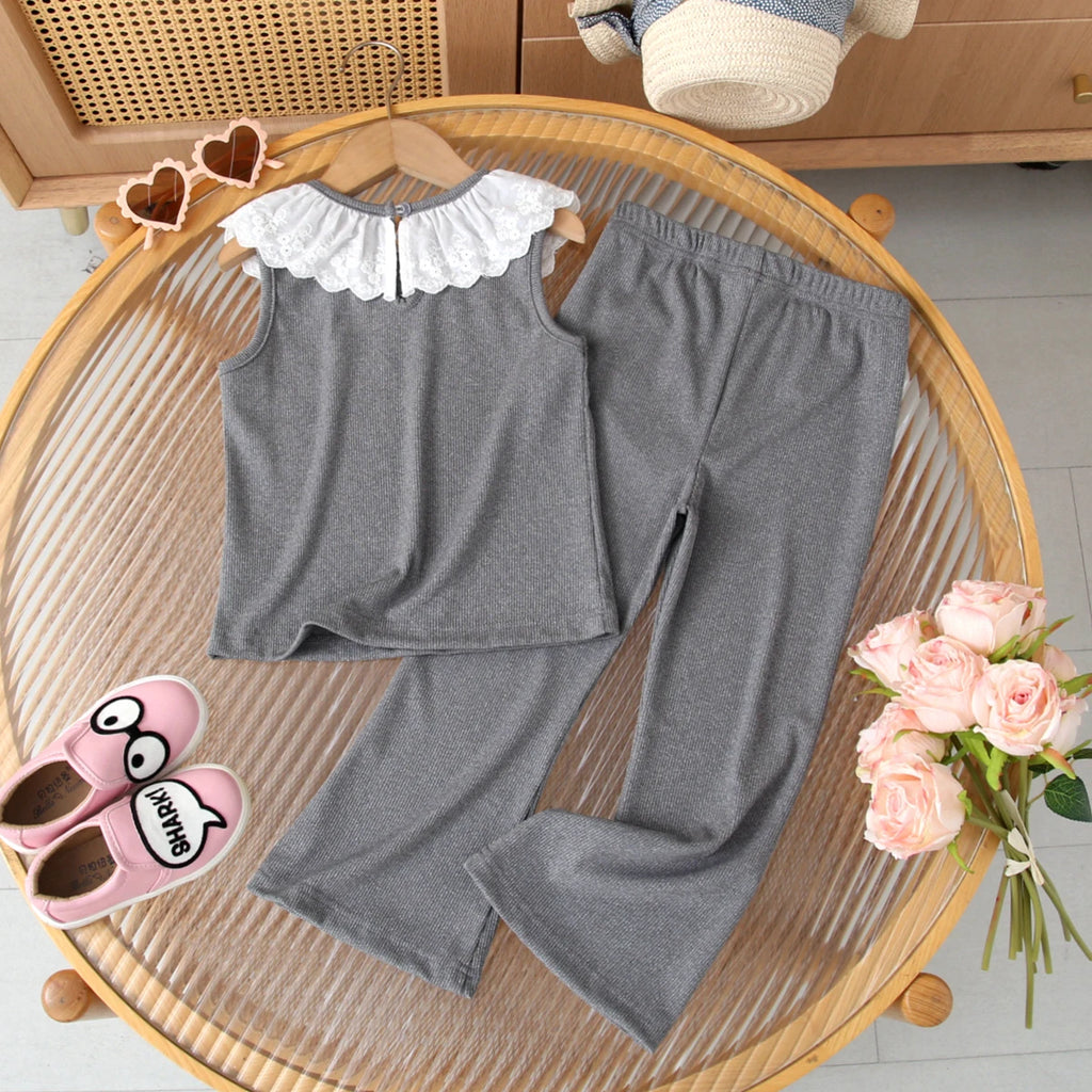 Kids Clothing Sets New  Summer Girls Casual Lace Doll Neck Sleeveless Vest + Flare Pants Girl Clothing Suits