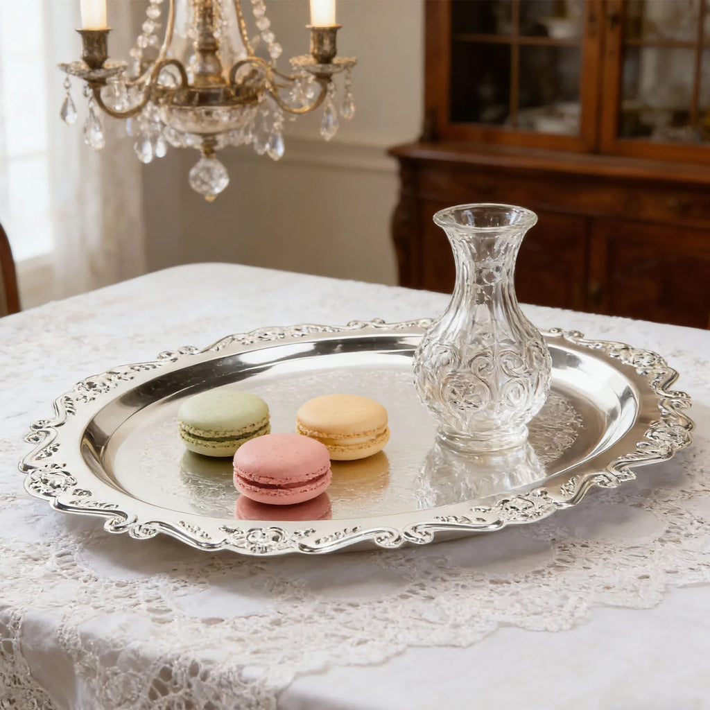 20/25cm Floral Engraved Serving Platter Retro Plates Cake Dessert Tray High Tea Snack Fruit Dish Jewelry Storage Tabletop Decor