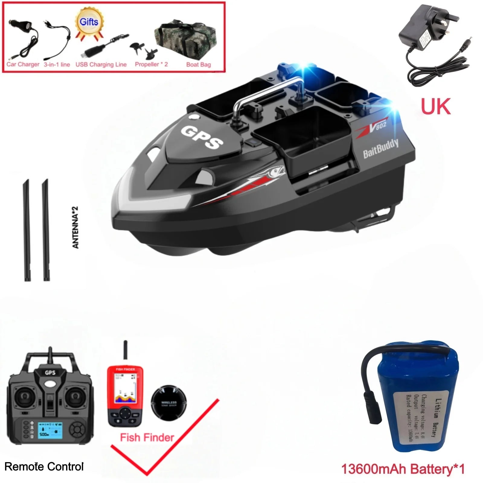 GPS Positioning 160 Positioning Points Fishing Boat Rc Bait Boat 4 Hoppers Waterproof 3KG Load 500M 15KM/H GPS One Click Return