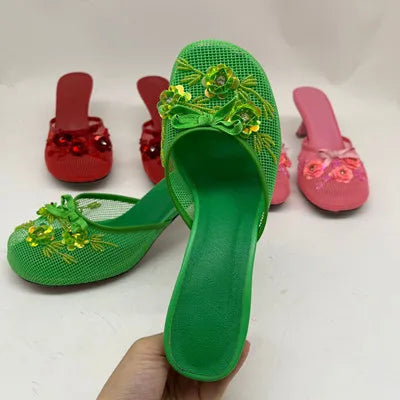 2026 Summer Spring Women Slippers for Woman Mesh Flower High Heeled Shoes Sexy Ladies Slip-On Non-Slip Round Toe Wedding Sandals