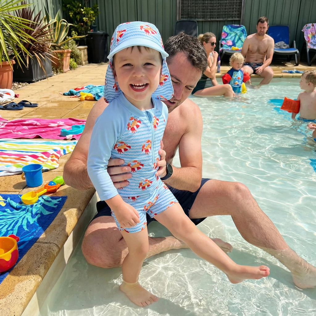 Boys' Rash Guard Set, 3 Piece Quick Dry Swimsuit Suit, Crab Print Long Sleeve Tops Swim Trunks Sun Cap Bathing Suit 0-5T