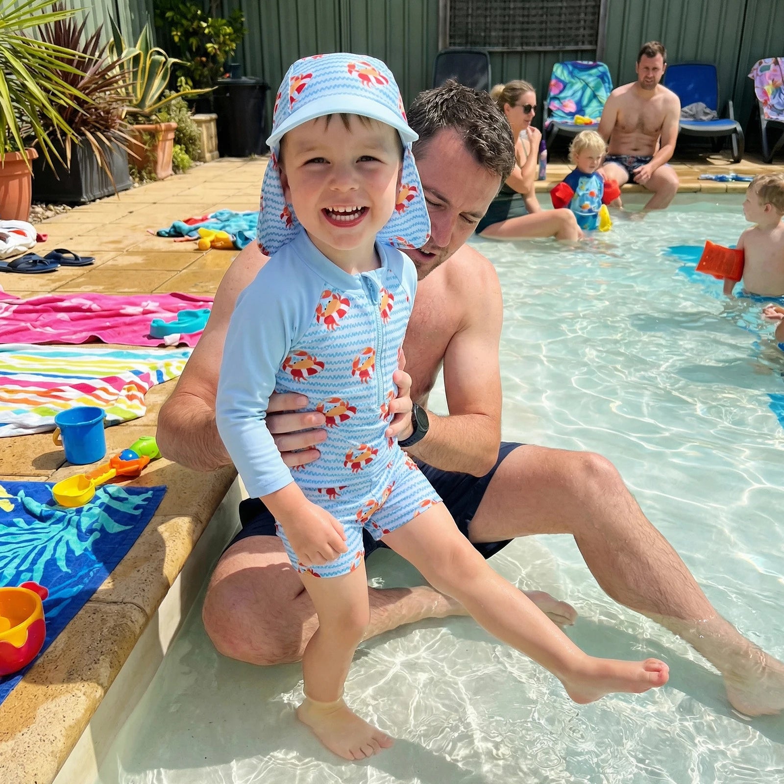 Boys' Rash Guard Set, 3 Piece Quick Dry Swimsuit Suit, Crab Print Long Sleeve Tops Swim Trunks Sun Cap Bathing Suit 0-5T